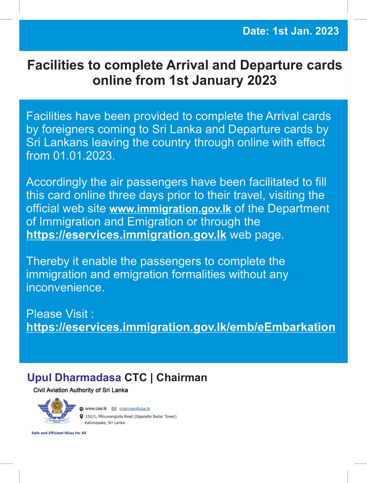 Facilities to complete Arrival and Departure cards online from 1st