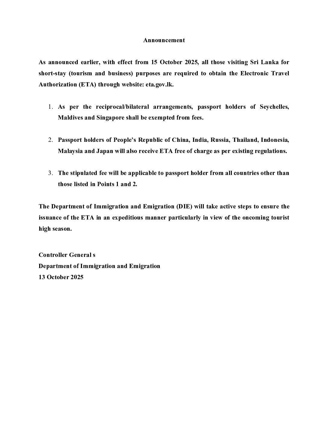 ANNOUNCEMENT: MANDATORY ELECTRONIC TRAVEL AUTHORIZATION (ETA) FROM 15 OCTOBER 2025