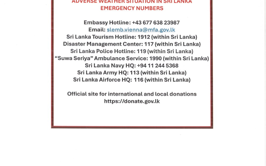 Adverse Weather Situation in Sri Lanka – Emergency Numbers