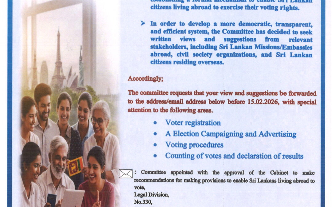 Establishing a formal mechanism to enable Sri Lankan citizens living abroad to exercise their voting rights