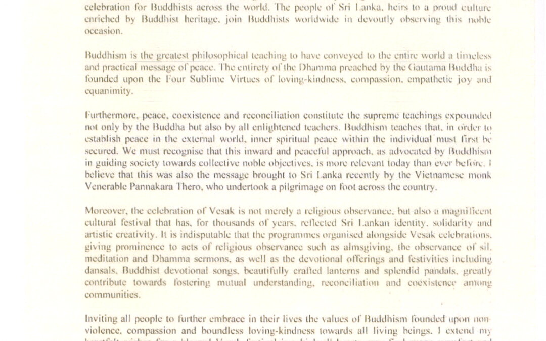 Vesak Message English from His Excellency The President